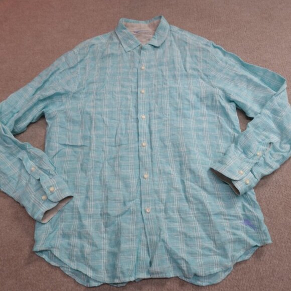 Tommy Bahama Shirt Large Blue Long Sleeve Plaid 100% Linen - Picture 1 of 7